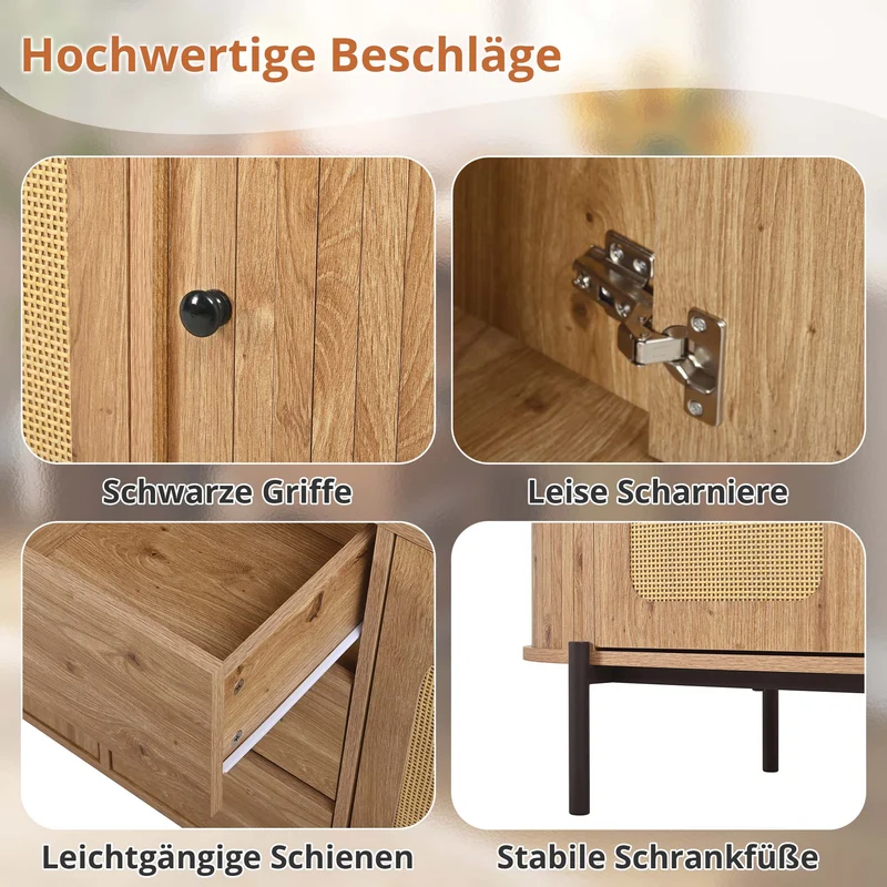 Buffet effet bois 2 portes en rotin et 3 tiroirs 140x 38x77,5cm BIRCHONE