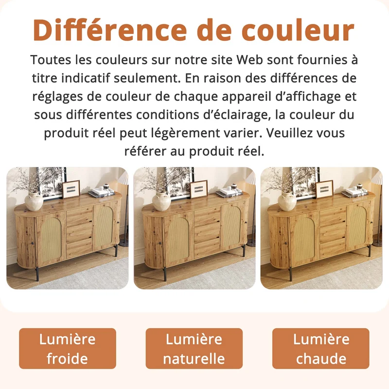 Buffet effet bois 2 portes en rotin et 3 tiroirs 140x 38x77,5cm BIRCHONE