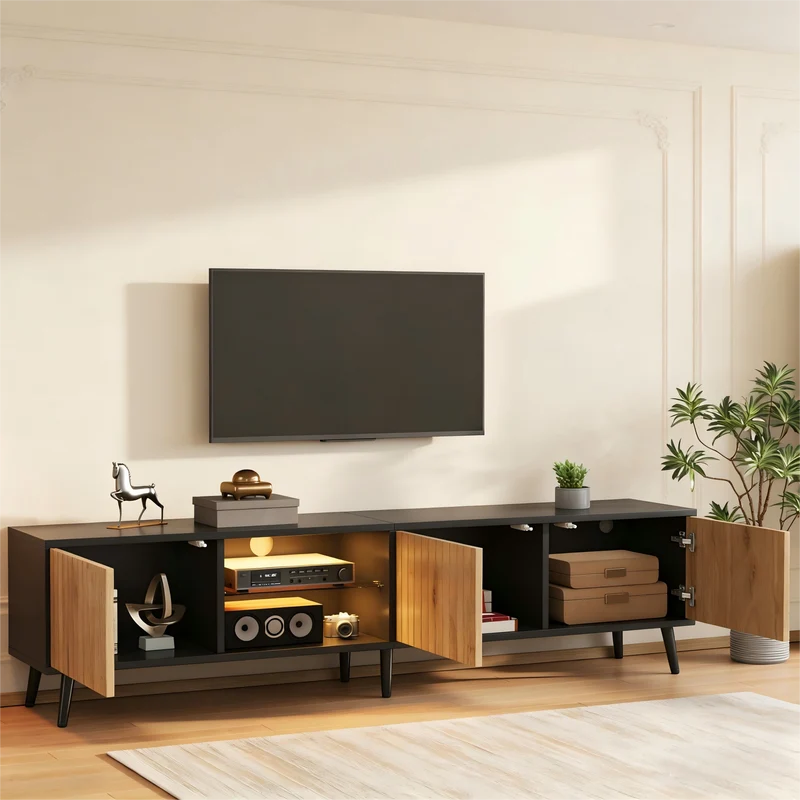 Meuble TV effet bois et noir avec LED 3 portes, 6 pieds BIRCHPLUS