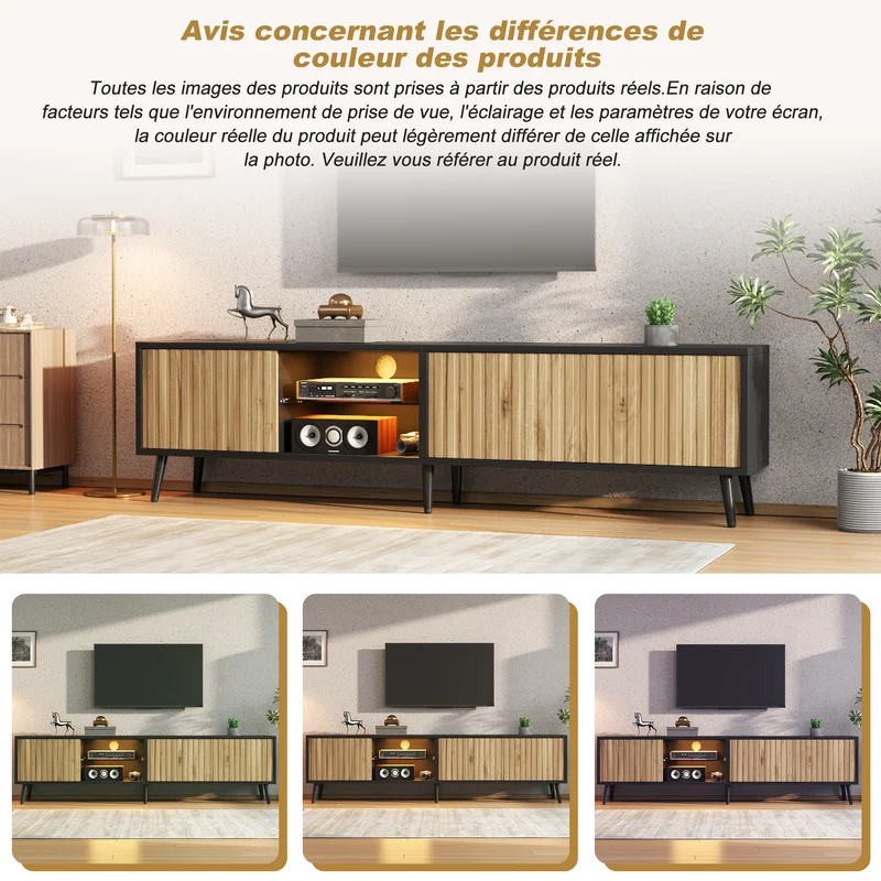 Meuble TV effet bois et noir avec LED 3 portes, 6 pieds BIRCHPLUS
