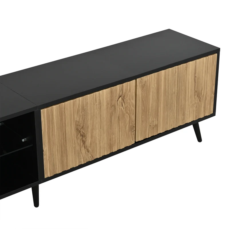 Meuble TV effet bois et noir avec LED 3 portes, 6 pieds BIRCHPLUS