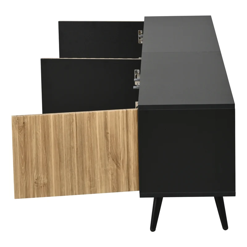 Meuble TV effet bois et noir avec LED 3 portes, 6 pieds BIRCHPLUS