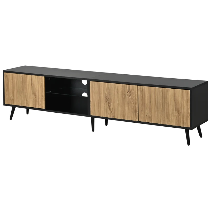 Meuble TV effet bois et noir avec LED 3 portes, 6 pieds BIRCHPLUS
