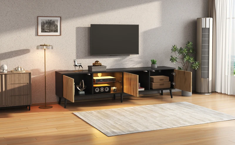 Meuble TV effet bois et noir avec LED 3 portes, 6 pieds BIRCHPLUS