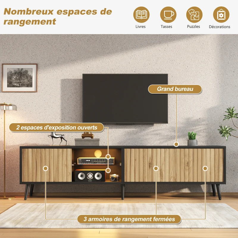 Meuble TV effet bois et noir avec LED 3 portes, 6 pieds BIRCHPLUS