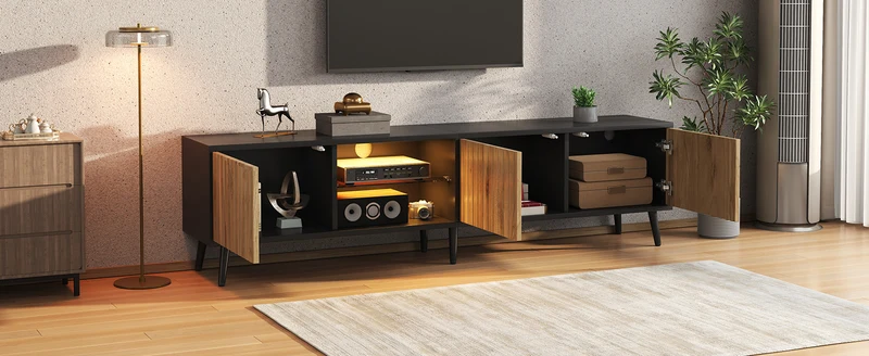 Meuble TV effet bois et noir avec LED 3 portes, 6 pieds BIRCHPLUS