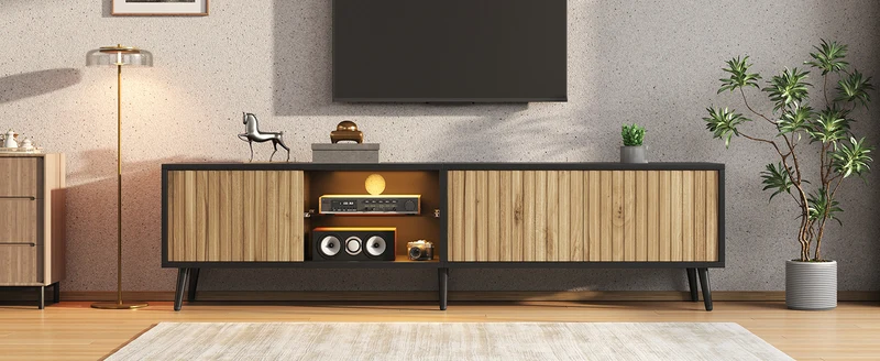 Meuble TV effet bois et noir avec LED 3 portes, 6 pieds BIRCHPLUS