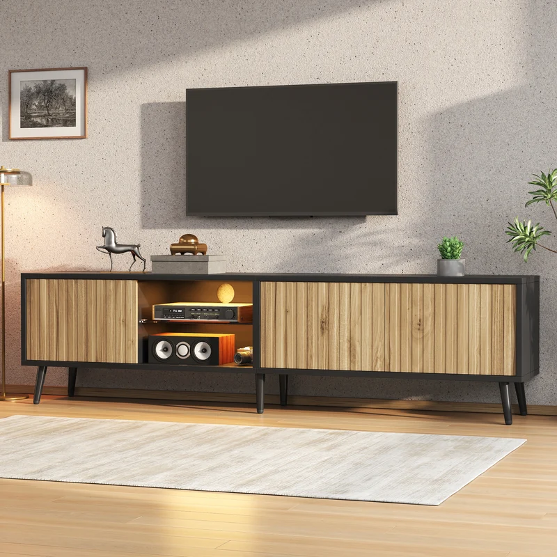 Meuble TV effet bois et noir avec LED 3 portes, 6 pieds BIRCHPLUS