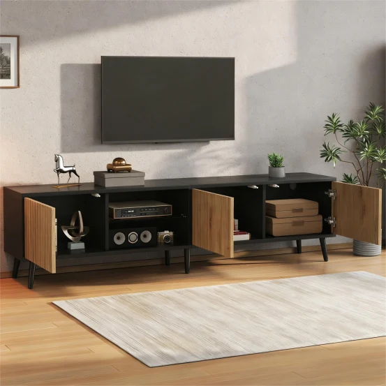 Meuble TV effet bois et noir avec LED 3 portes, 6 pieds BIRCHPLUS