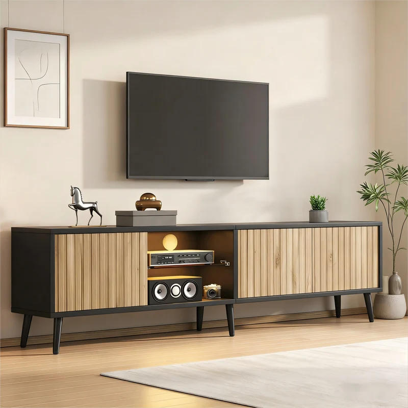 Meuble TV effet bois et noir avec LED 3 portes, 6 pieds BIRCHPLUS