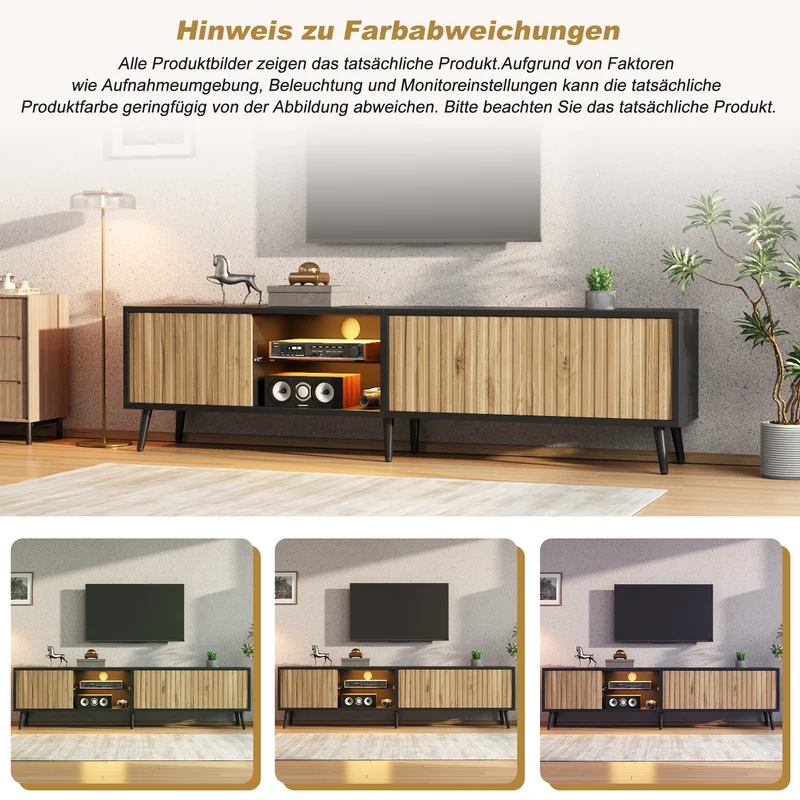 Meuble TV effet bois et noir avec LED 3 portes, 6 pieds BIRCHPLUS