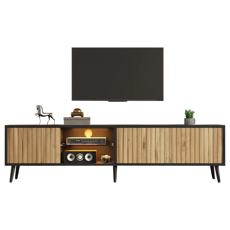 Meuble TV effet bois et noir avec LED 3 portes, 6 pieds BIRCHPLUS