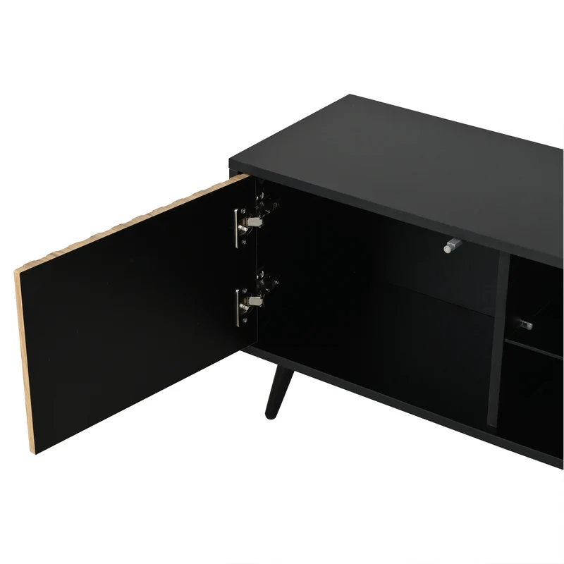 Meuble TV effet bois et noir avec LED 3 portes, 6 pieds BIRCHPLUS