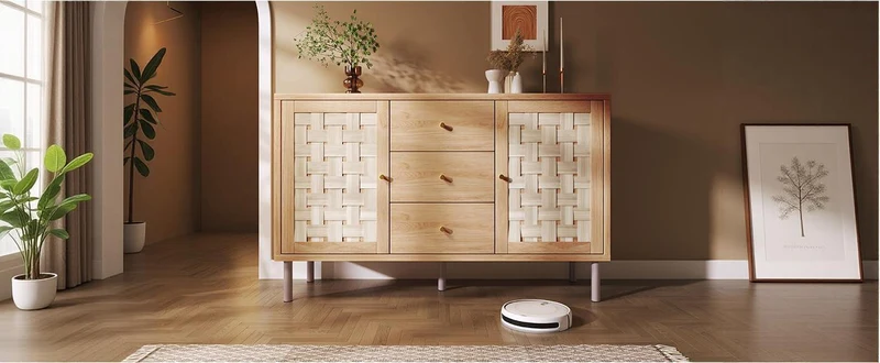 Buffet effet bois chêne 2 portes tressées 3 tiroirs 120x40x75cm BOOKCASEAIR