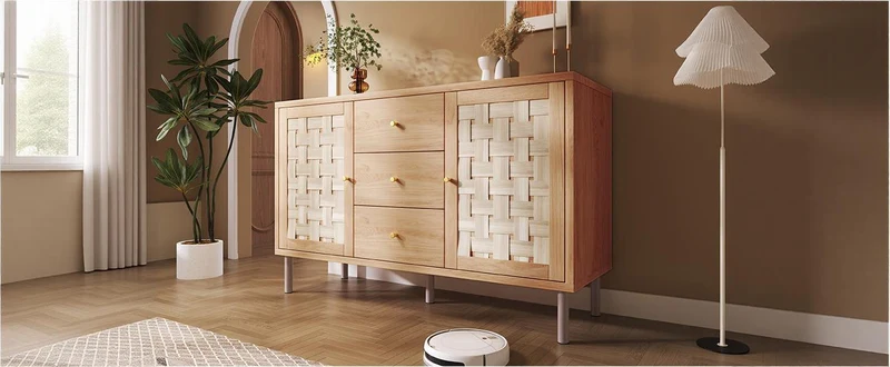 Buffet effet bois chêne 2 portes tressées 3 tiroirs 120x40x75cm BOOKCASEAIR