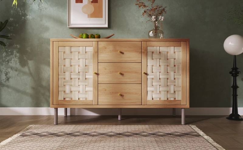 Buffet effet bois chêne 2 portes tressées 3 tiroirs 120x40x75cm BOOKCASEAIR