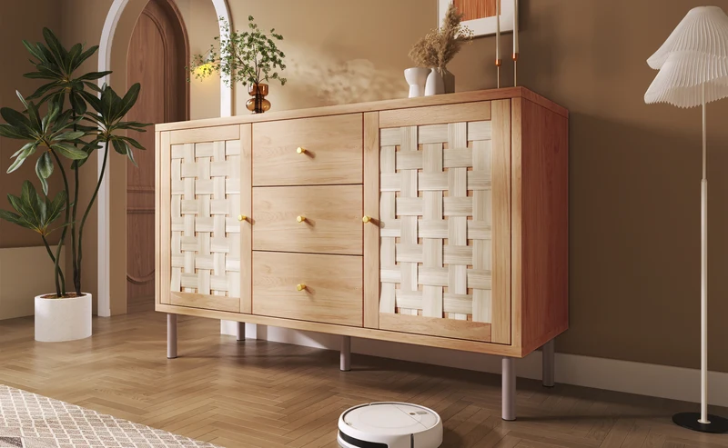 Buffet effet bois chêne 2 portes tressées 3 tiroirs 120x40x75cm BOOKCASEAIR