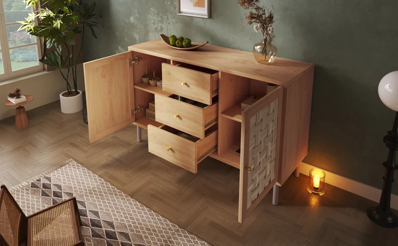 Buffet effet bois chêne 2 portes tressées 3 tiroirs 120x40x75cm BOOKCASEAIR