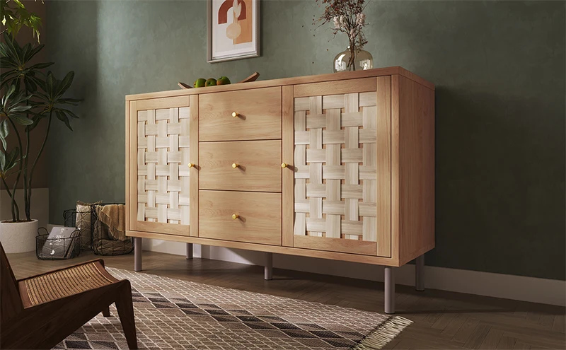 Buffet effet bois chêne 2 portes tressées 3 tiroirs 120x40x75cm BOOKCASEAIR