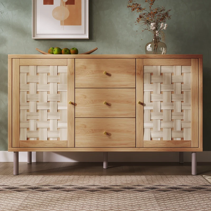Buffet effet bois chêne 2 portes tressées 3 tiroirs 120x40x75cm BOOKCASEAIR