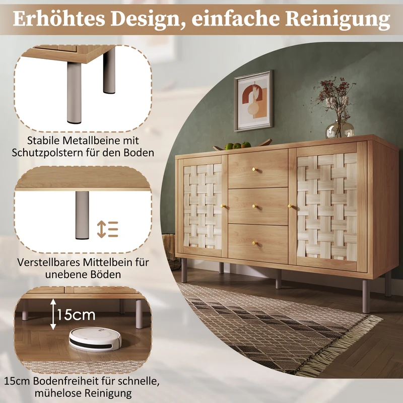 Buffet effet bois chêne 2 portes tressées 3 tiroirs 120x40x75cm BOOKCASEAIR