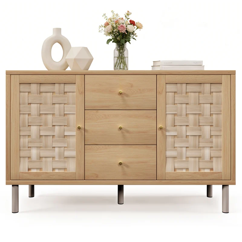Buffet effet bois chêne 2 portes tressées 3 tiroirs 120x40x75cm BOOKCASEAIR