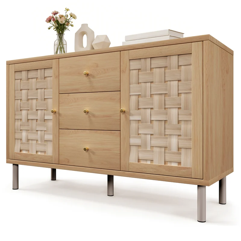 Buffet effet bois chêne 2 portes tressées 3 tiroirs 120x40x75cm BOOKCASEAIR