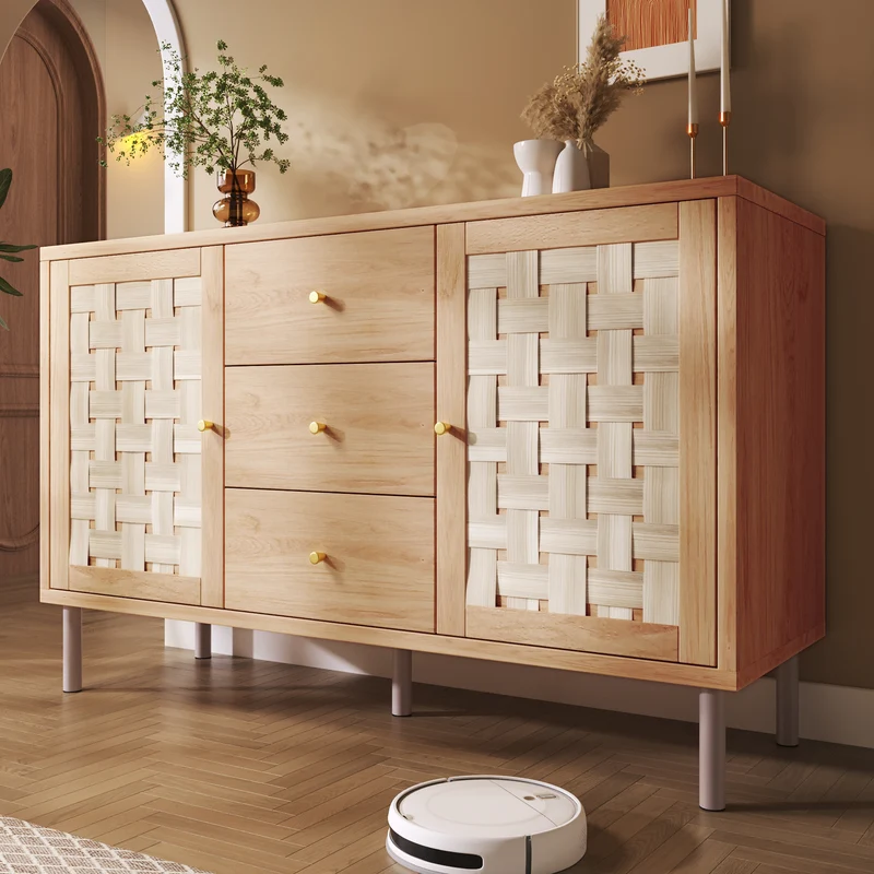 Buffet effet bois chêne 2 portes tressées 3 tiroirs 120x40x75cm BOOKCASEAIR
