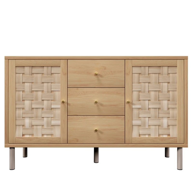Buffet effet bois chêne 2 portes tressées 3 tiroirs 120x40x75cm BOOKCASEAIR