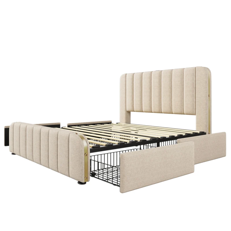 Lit double en lin beige avec tête de lit rembourrée, bandes dorées, 4 tiroirs et ports USB BIRCHBASKET