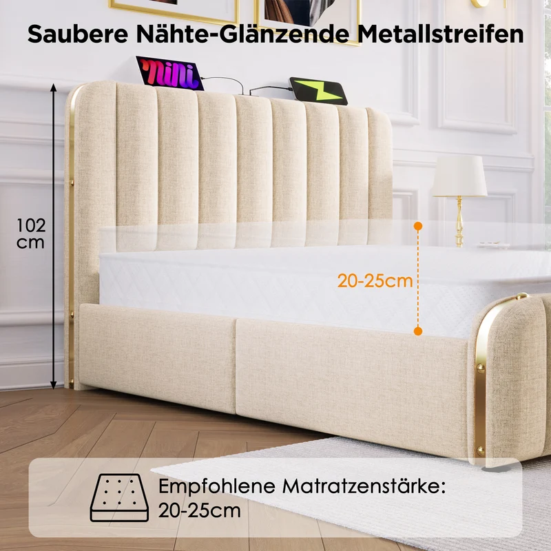 Lit double en lin beige avec tête de lit rembourrée, bandes dorées, 4 tiroirs et ports USB BIRCHBASKET