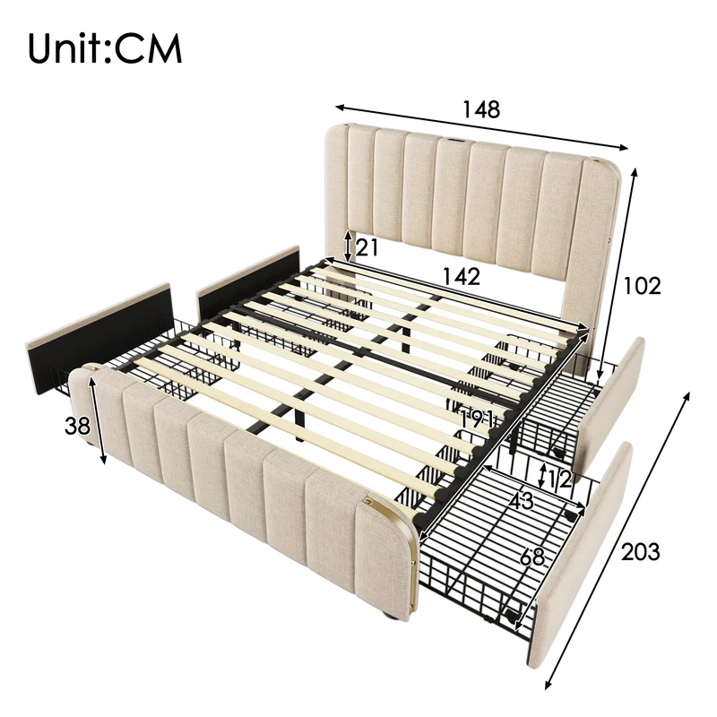 Lit double en lin beige avec tête de lit rembourrée, bandes dorées, 4 tiroirs et ports USB BIRCHBASKET