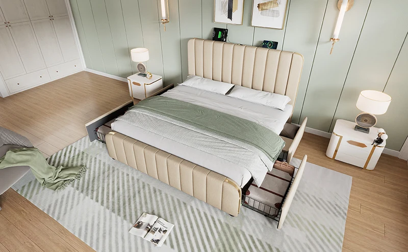 Lit double en lin beige avec tête de lit rembourrée, bandes dorées, 4 tiroirs et ports USB BIRCHBASKET