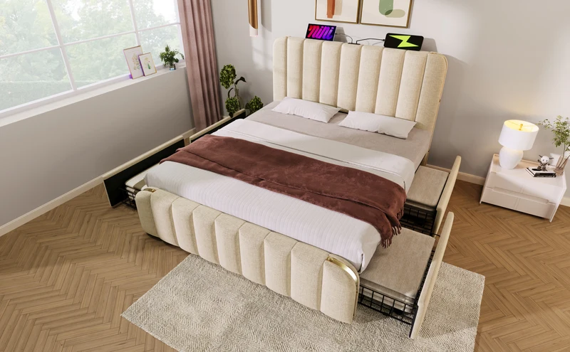 Lit double en lin beige avec tête de lit rembourrée, bandes dorées, 4 tiroirs et ports USB BIRCHBASKET