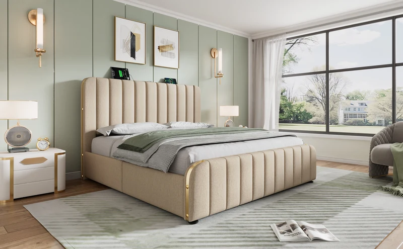 Lit double en lin beige avec tête de lit rembourrée, bandes dorées, 4 tiroirs et ports USB BIRCHBASKET