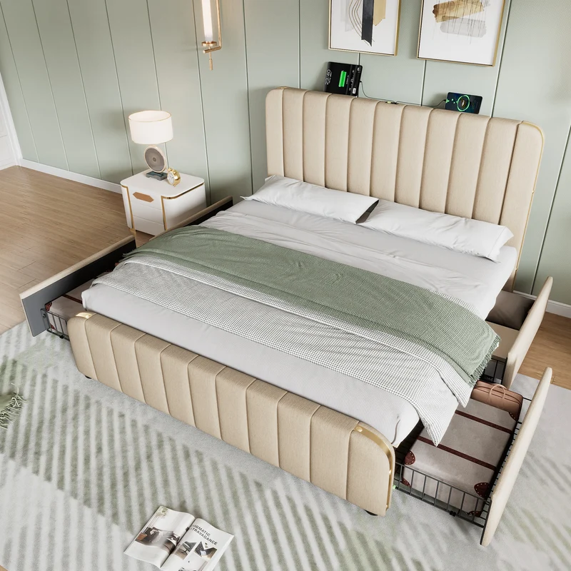 Lit double en lin beige avec tête de lit rembourrée, bandes dorées, 4 tiroirs et ports USB BIRCHBASKET