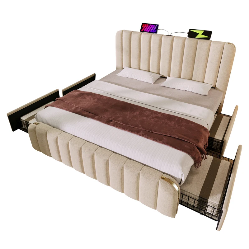 Lit double en lin beige avec tête de lit rembourrée, bandes dorées, 4 tiroirs et ports USB BIRCHBASKET