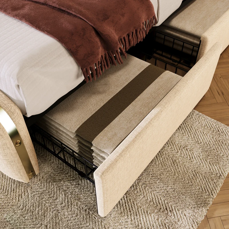 Lit double en lin beige avec tête de lit rembourrée, bandes dorées, 4 tiroirs et ports USB BIRCHBASKET
