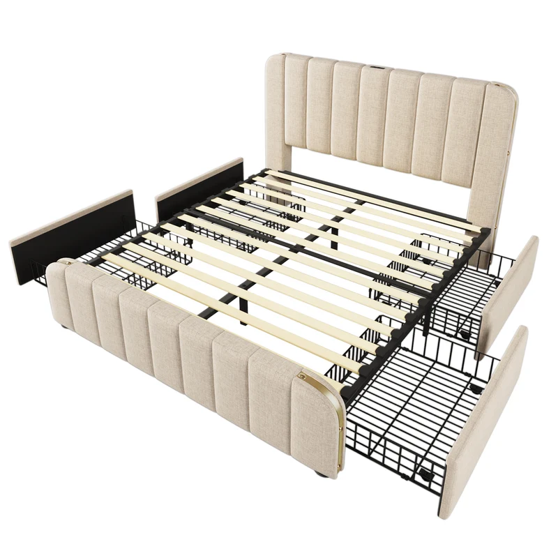 Lit double en lin beige avec tête de lit rembourrée, bandes dorées, 4 tiroirs et ports USB BIRCHBASKET