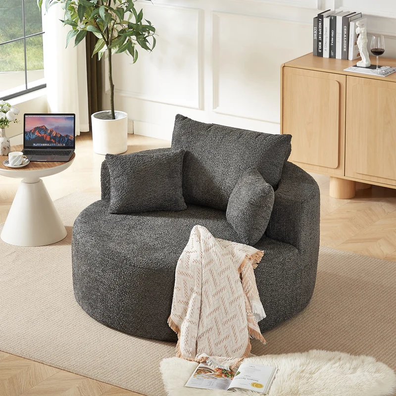 Fauteuil simple rond en chenille gris avec coussins sans montage BIRCHCONTAINER