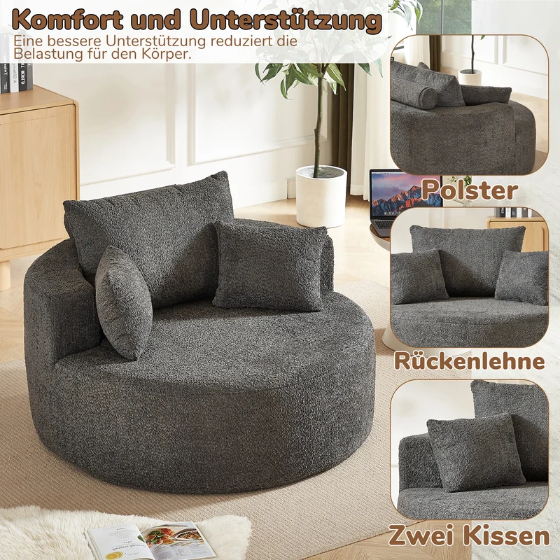 Fauteuil simple rond en chenille gris avec coussins sans montage BIRCHCONTAINER