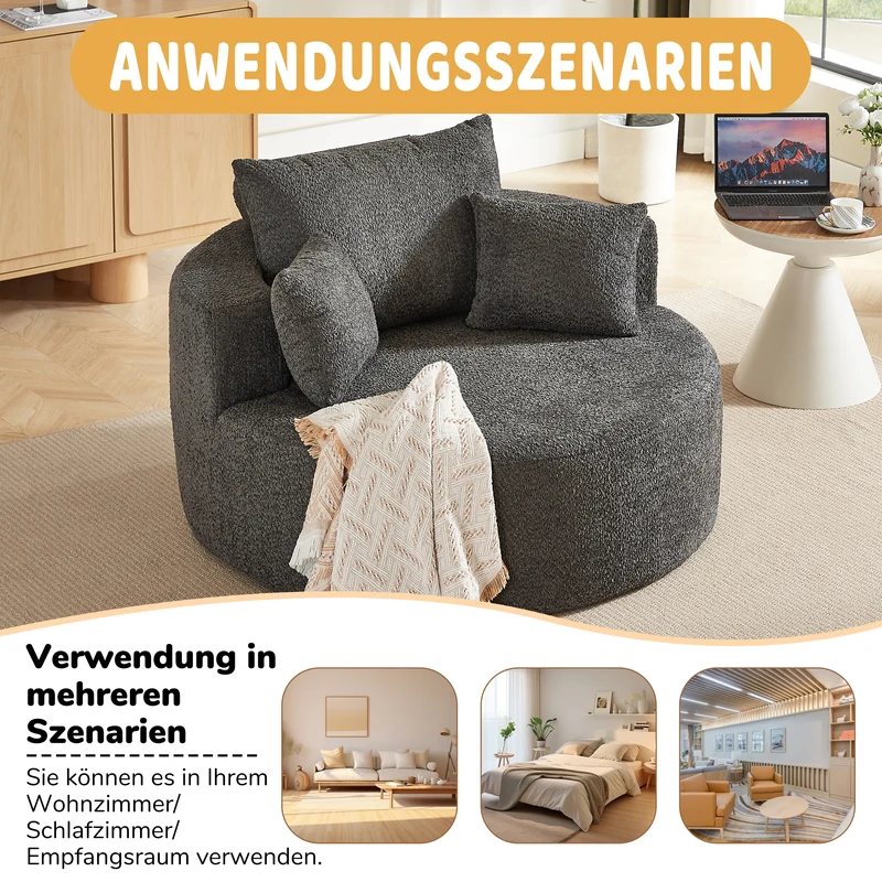 Fauteuil simple rond en chenille gris avec coussins sans montage BIRCHCONTAINER