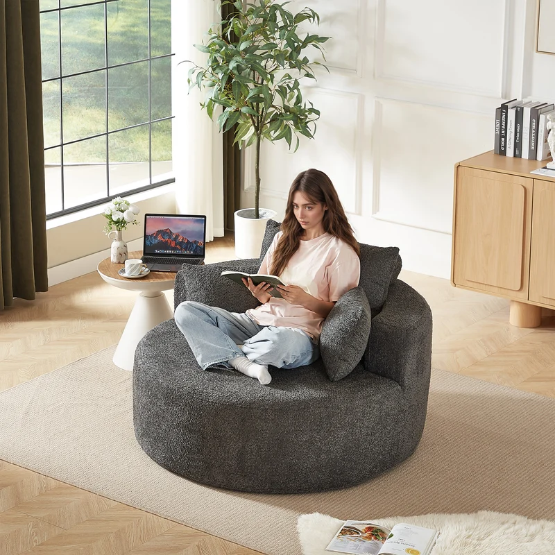 Fauteuil simple rond en chenille gris avec coussins sans montage BIRCHCONTAINER
