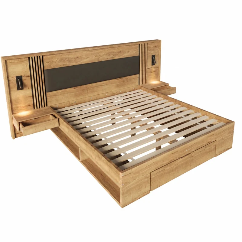 Lit king size effet bois avec rangement, lampes et 2 tables de chevet 180x200cm BIRCHCREDENZA