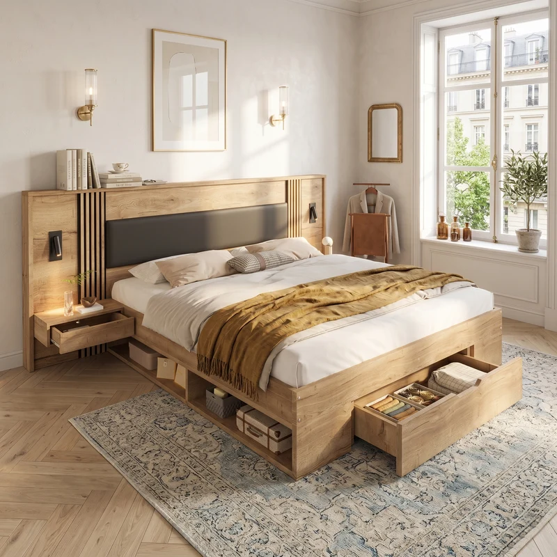 Lit king size effet bois avec rangement, lampes et 2 tables de chevet 180x200cm BIRCHCREDENZA