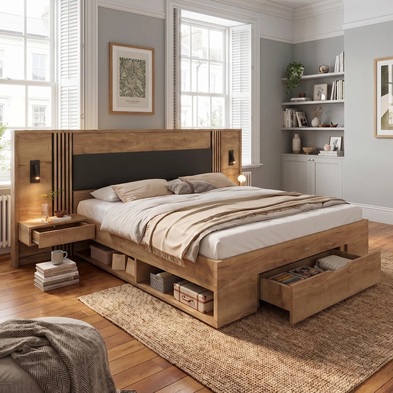 Lit king size effet bois avec rangement, lampes et 2 tables de chevet 180x200cm BIRCHCREDENZA