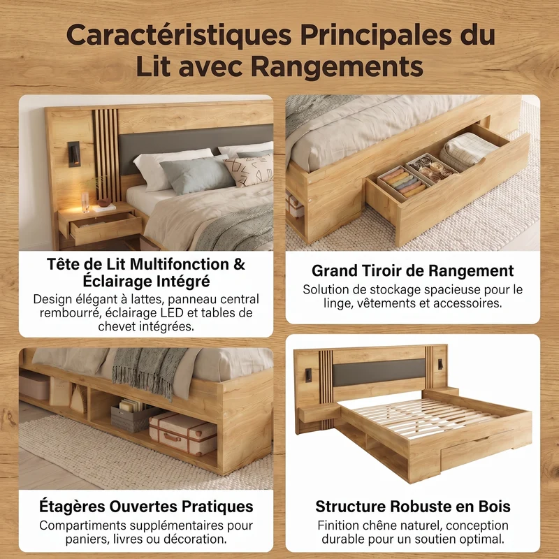 Lit king size effet bois avec rangement, lampes et 2 tables de chevet 180x200cm BIRCHCREDENZA