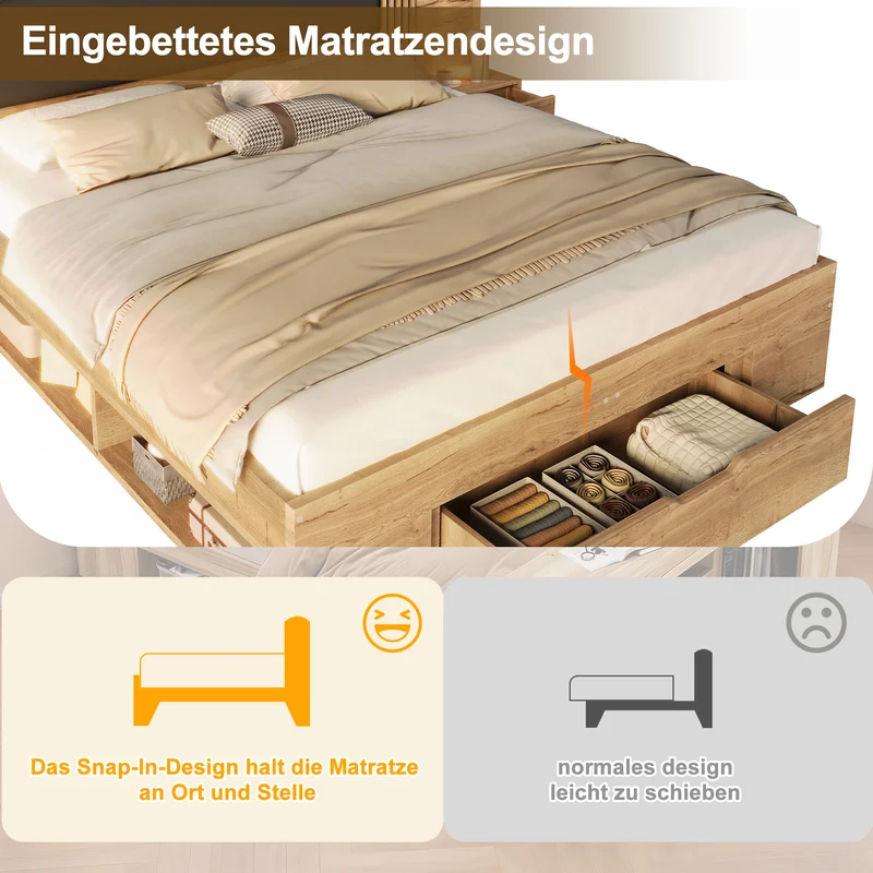 Lit king size effet bois avec rangement, lampes et 2 tables de chevet 180x200cm BIRCHCREDENZA