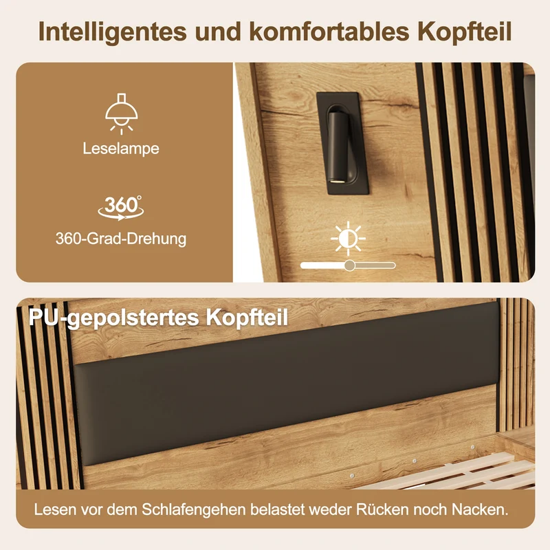 Lit king size effet bois avec rangement, lampes et 2 tables de chevet 180x200cm BIRCHCREDENZA