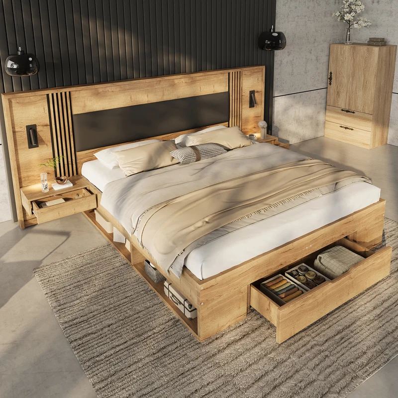 Lit king size effet bois avec rangement, lampes et 2 tables de chevet 180x200cm BIRCHCREDENZA